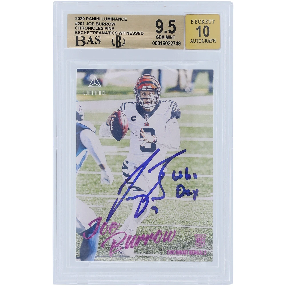 Carte de recrue autographiée Panini Luminance Pink #201 Beckett 2020 de Joe Burrow Cincinnati Bengals, authentifiée et témoin des fanatiques, 9,5/10, avec inscription « Who Dey » - Sous-grades 9,5, 9, 9,5, 9,5