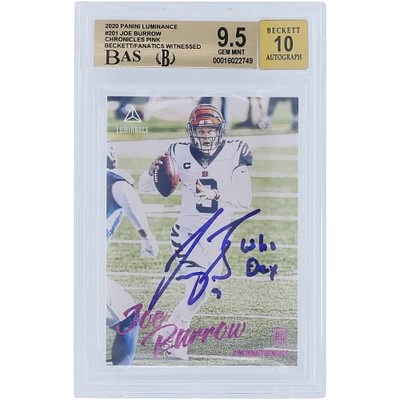 Carte de recrue autographiée Panini Luminance Pink #201 Beckett 2020 de Joe Burrow Cincinnati Bengals, authentifiée et témoin des fanatiques, 9,5/10, avec inscription « Who Dey » - Sous-grades 9,5, 9, 9,5, 9,5