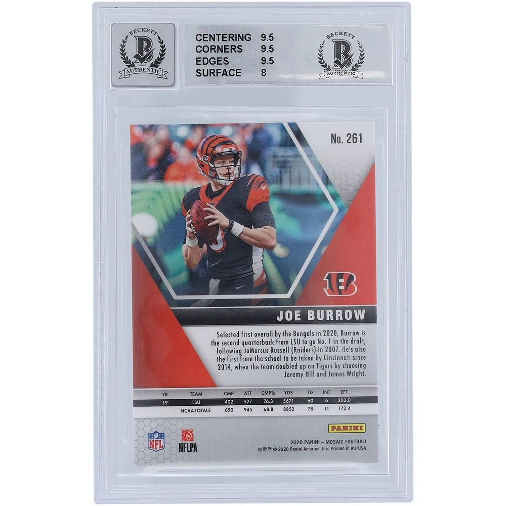 Carte de recrue 9/10 authentifiée 2020 Panini Mosaic #261 signée Joe Burrow Cincinnati Bengals par les fanatiques de Beckett - Sous-catégories 9.5, 9.5, 9.5, 8