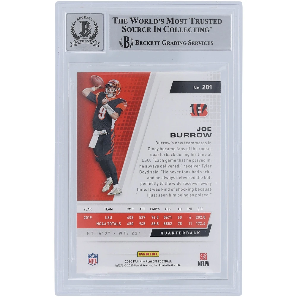 Carte de recrue Panini Playoff 2020 autographiée par Joe Burrow des Bengals de Cincinnati #201 Beckett Fanatics a été témoin d'une authentification 10