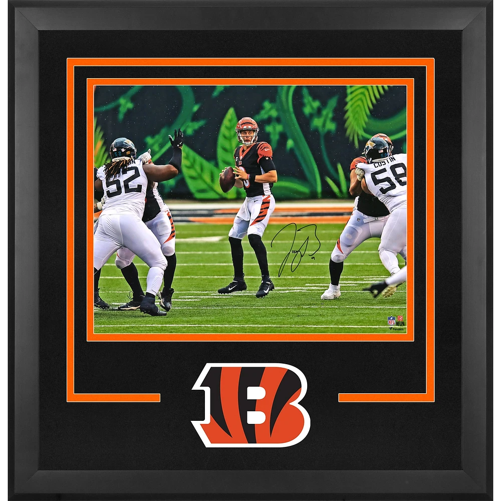 Joe Burrow Cincinnati Bengals Autographed Deluxe Framed 16" x 20" Black Jersey Standing In Pocket Photograph