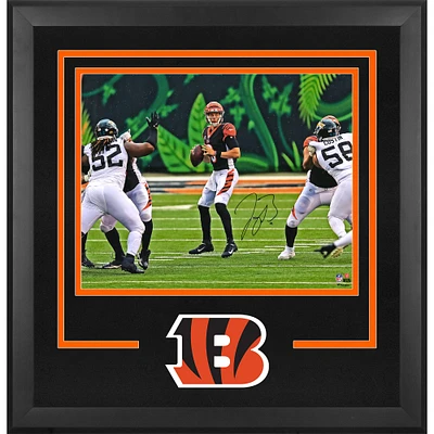 Joe Burrow Cincinnati Bengals Autographed Deluxe Framed 16" x 20" Black Jersey Standing In Pocket Photograph