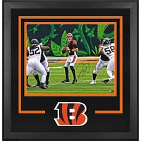 Joe Burrow Cincinnati Bengals Autographed Deluxe Framed 16" x 20" Black Jersey Standing In Pocket Photograph