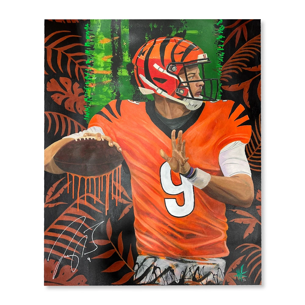 Impression giclée sur toile étirée autographiée de 30" x 40" de Joe Burrow Cincinnati Bengals - Art par Cortney Wall - #1 de l'édition limitée 1 - Blanc et jungle