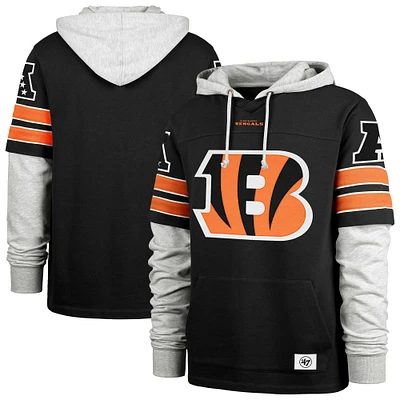 Men's '47 Black Cincinnati Bengals Double Header Blitz Cornerback Pullover Hoodie