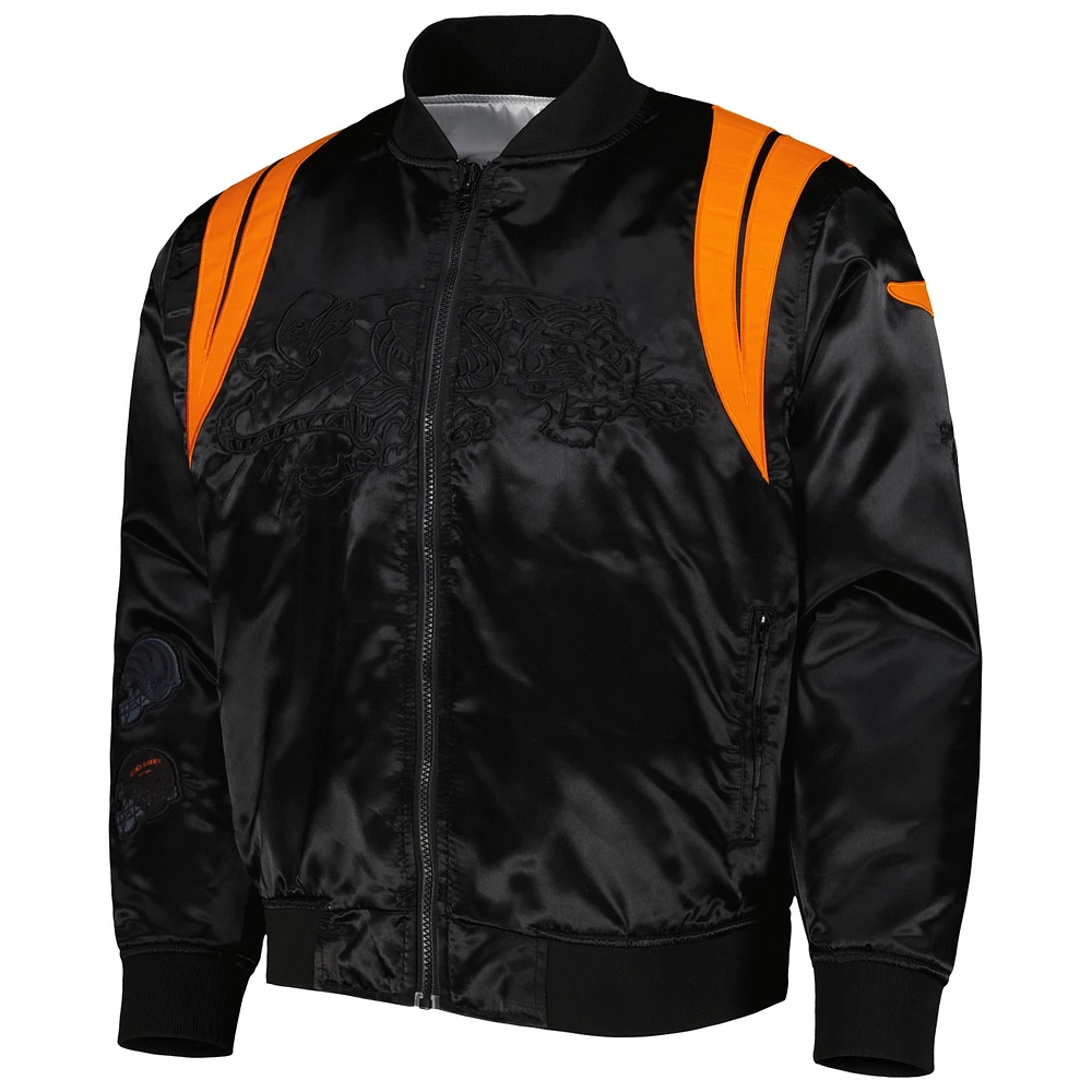 Men's Black/White Cincinnati Bengals x BlaCkOWned Stripes Don't Come Easy Reversible Satin Bomber Full-Zip Jacket