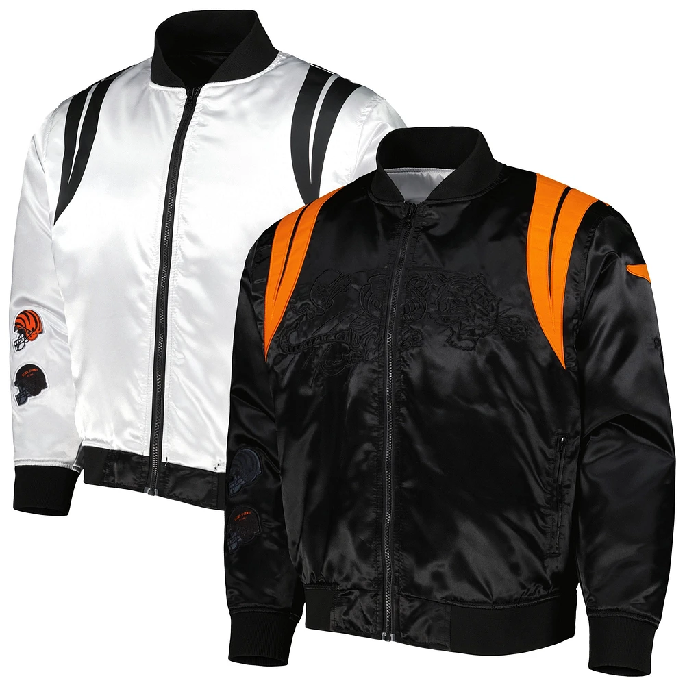 Men's Black/White Cincinnati Bengals x BlaCkOWned Stripes Don't Come Easy Reversible Satin Bomber Full-Zip Jacket