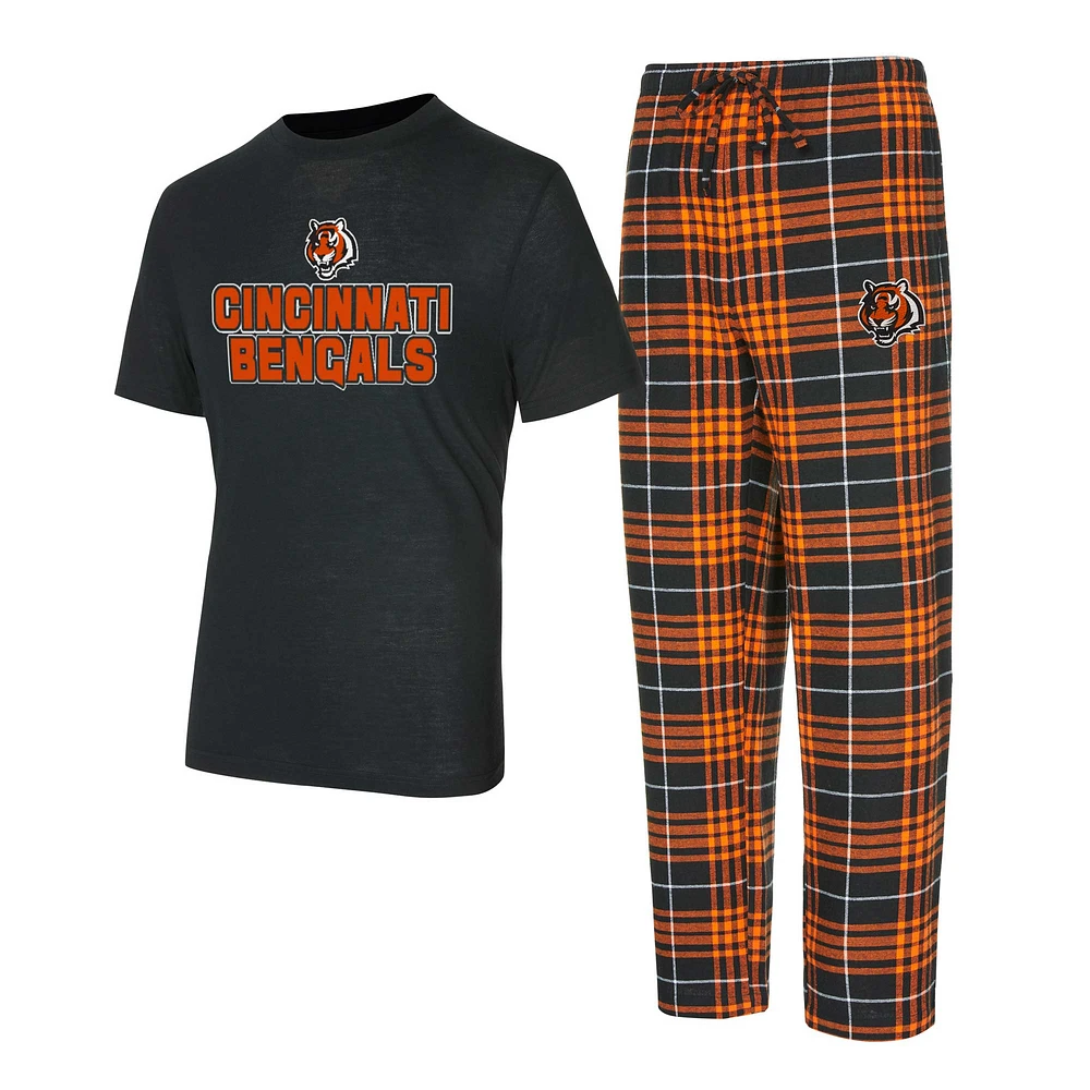 Ensemble de nuit pour hommes Concepts Sport noir/orange Cincinnati Bengals Vector T-shirt et pantalon en flanelle