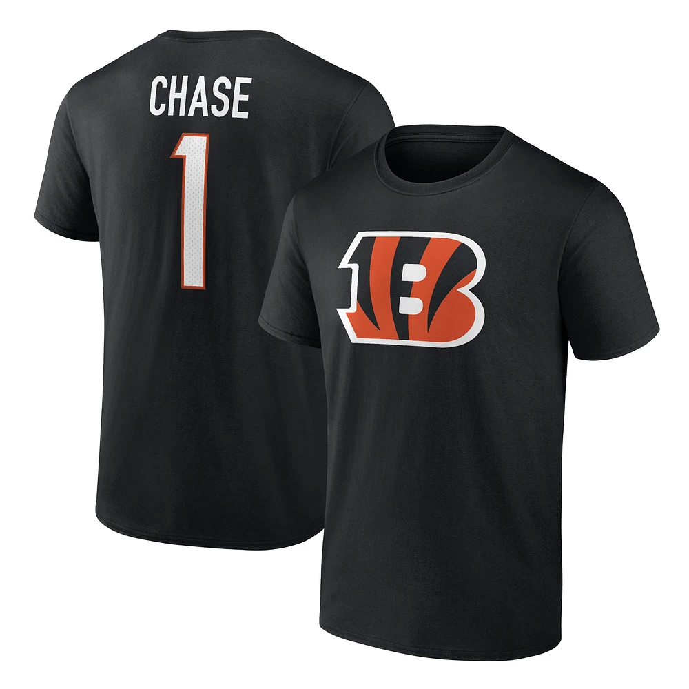 T-shirt noir avec nom et numéro du joueur des Bengals de Cincinnati Fanatics Ja'Marr Chase pour hommes