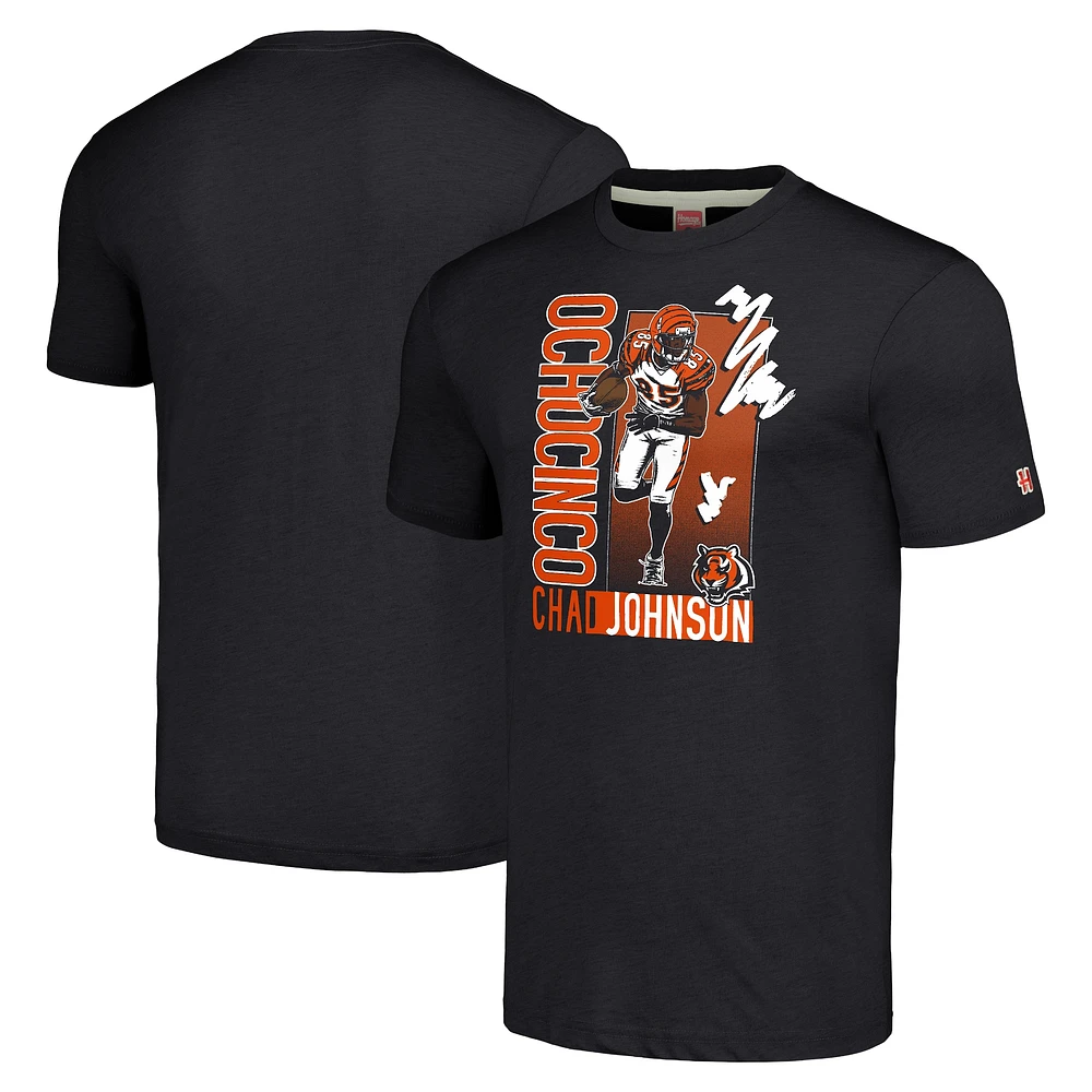 Hommage pour hommes Chad Johnson Heathered Charcoal Cincinnati Bengals Caricature Joueur retraité T-shirt triple mélange