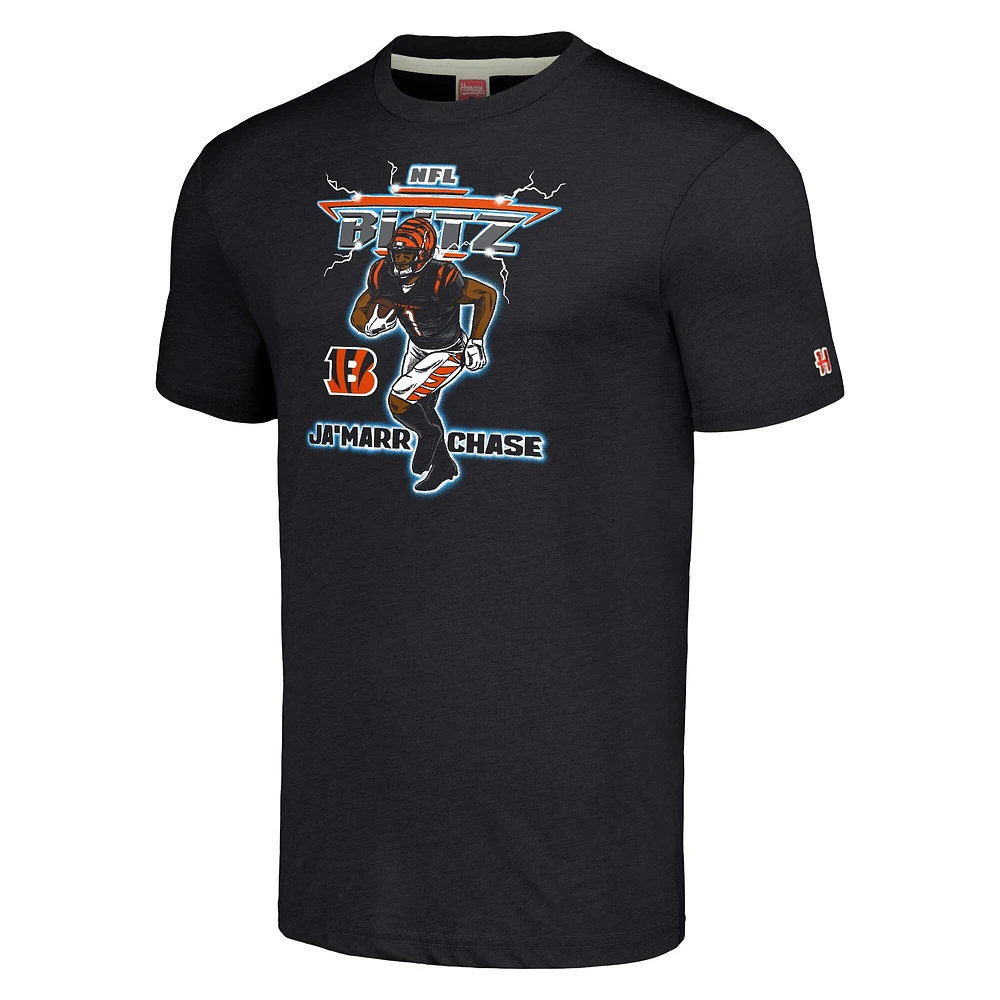 Men's Homage Ja'Marr Chase Heathered Charcoal Cincinnati Bengals NFL Blitz Player Tri-Blend T-Shirt