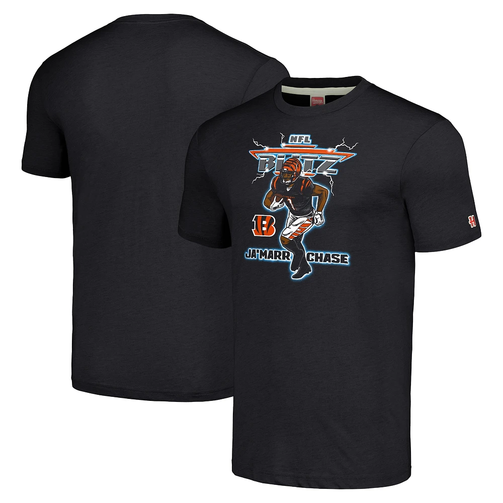 Men's Homage Ja'Marr Chase Heathered Charcoal Cincinnati Bengals NFL Blitz Player Tri-Blend T-Shirt