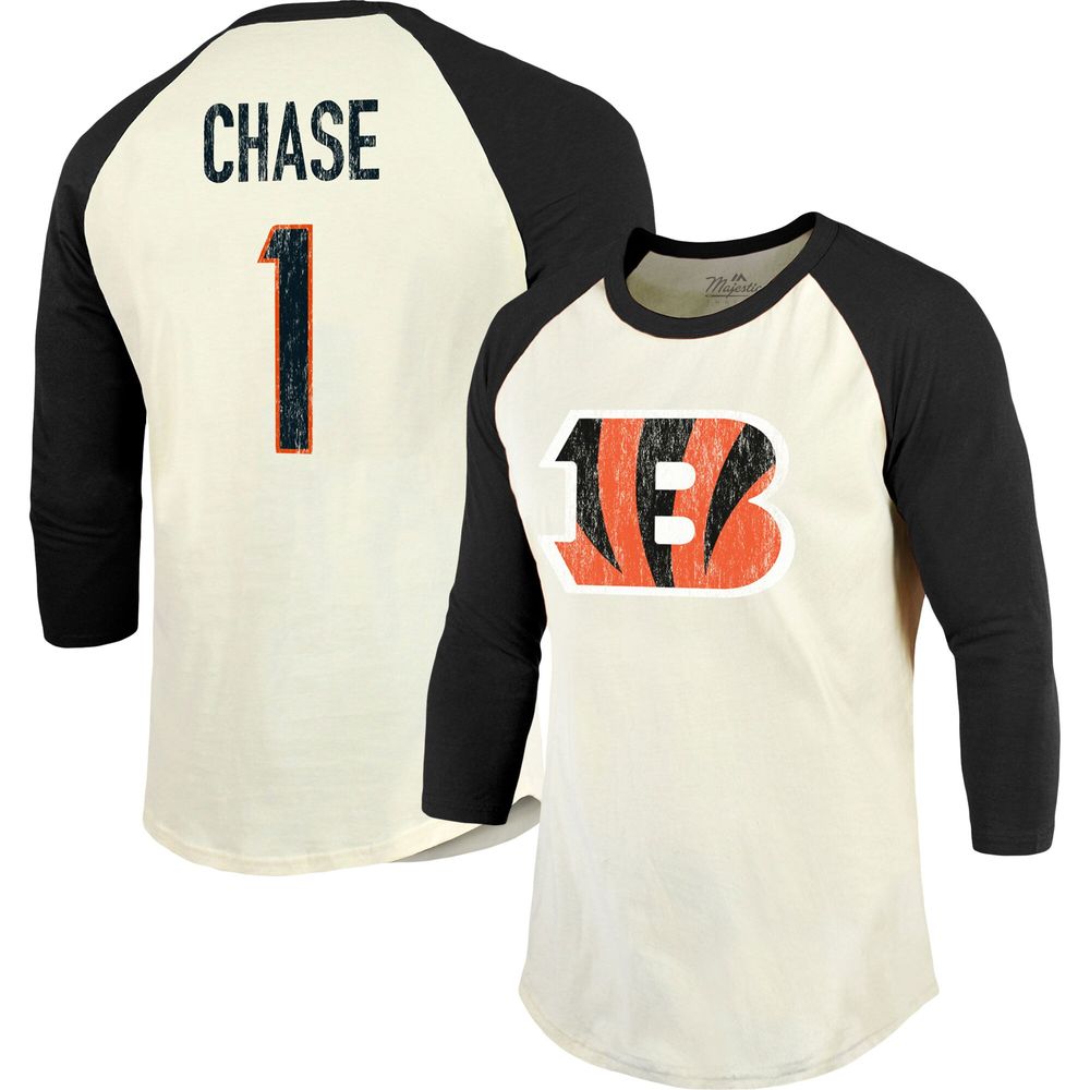 Majestic Threads Men's Majestic Threads Ja'Marr Chase Cream/Black  Cincinnati Bengals Player Name & Number Raglan 3/4-Sleeve T-Shirt