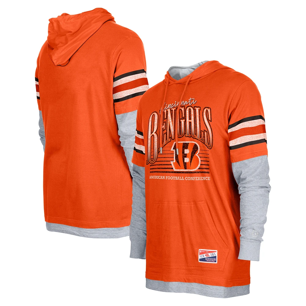 T-shirt à capuche manches longues Twofer orange Cincinnati Bengals New Era pour homme