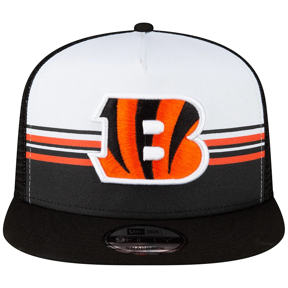 Men's New Era White/Black Cincinnati Bengals Striped A-Frame 9FIFTY Trucker Snapback Hat