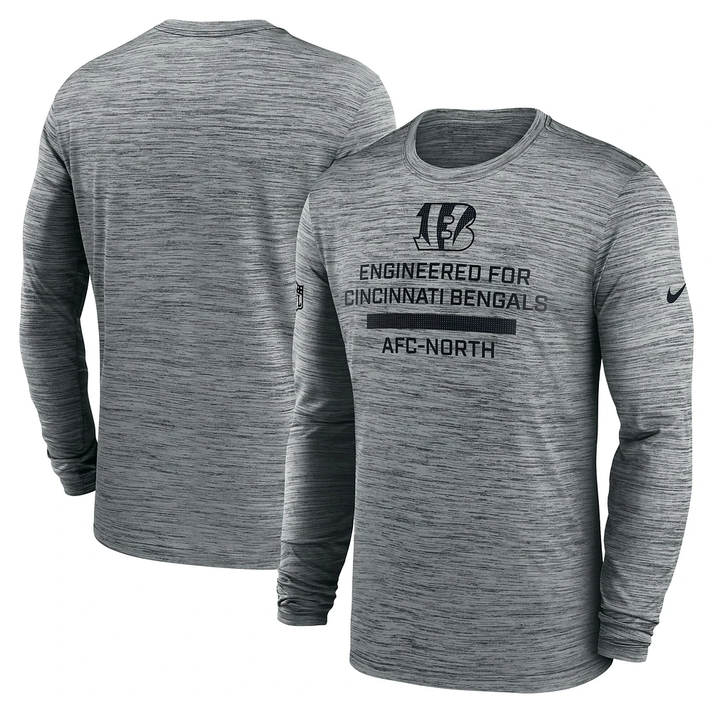 T-shirt Nike gris à manches longues Sideline Velocity Performance pour homme des Bengals de Cincinnati