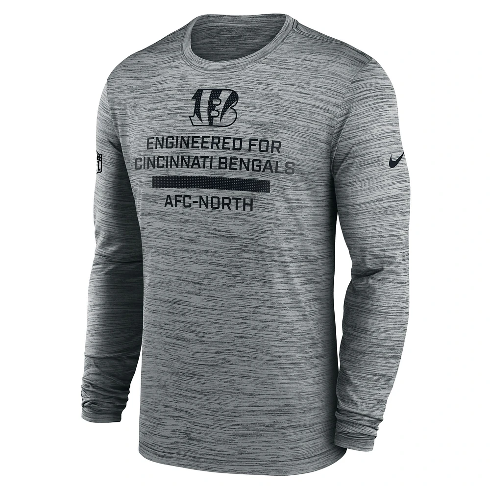 T-shirt Nike gris à manches longues Sideline Velocity Performance pour homme des Bengals de Cincinnati