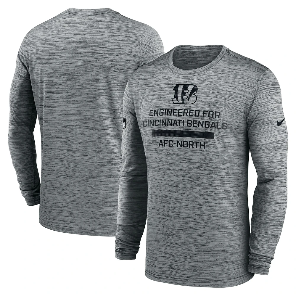 T-shirt Nike gris à manches longues Sideline Velocity Performance pour homme des Bengals de Cincinnati
