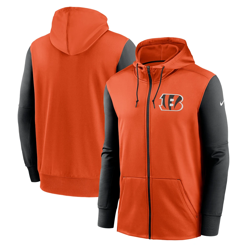 Sweat à capuche entièrement zippé Nike Orange Cincinnati Bengals Performance pour homme