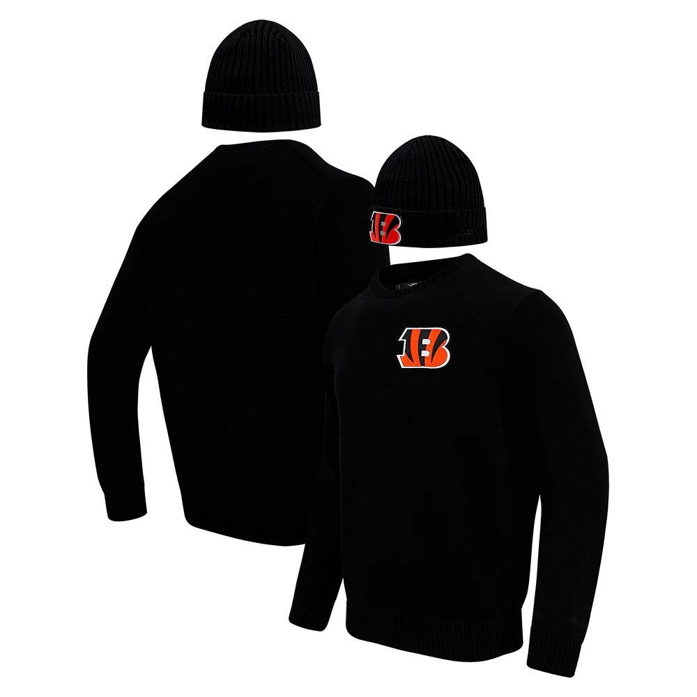 Pull à col rond et chapeau en tricot revers Pro Standard pour hommes, noir, Cincinnati Bengals, coffret cadeau