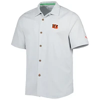 Men's Tommy Bahama Gray Cincinnati Bengals Coconut Point Frondly Fan Camp IslandZone Button-Up Shirt