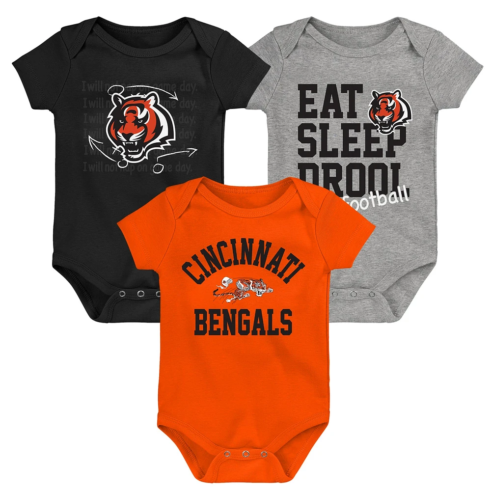 Ensemble de trois bodys rétro Eat, Sleep & Drool des Cincinnati Bengals pour nouveau-nés et nourrissons, noir/orange/gris chiné