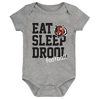 Ensemble de trois bodys rétro Eat, Sleep & Drool des Cincinnati Bengals pour nouveau-nés et nourrissons, noir/orange/gris chiné