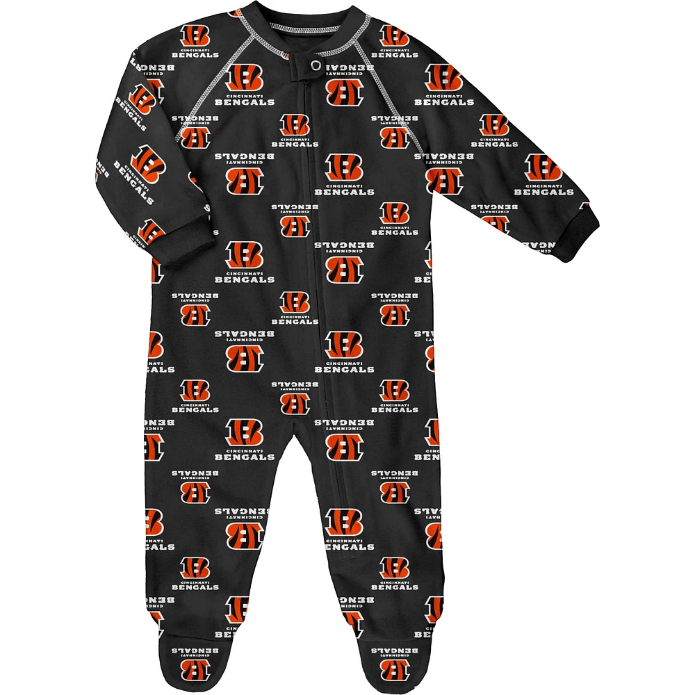 Grenouillère à imprimé intégral et fermeture éclair raglan noire pour nouveau-né nourrisson, motif Cincinnati Bengals