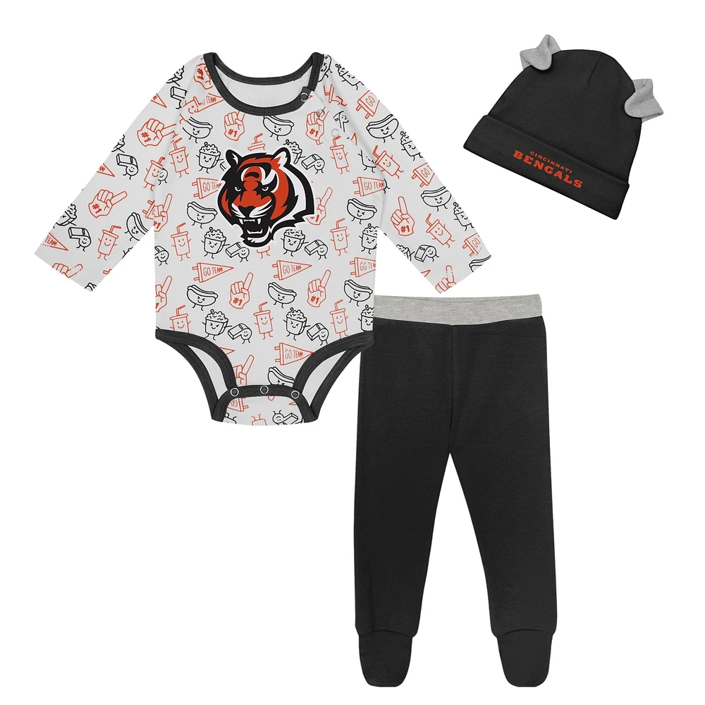 Ensemble 3 pièces avec body à manches longues, pantalon et bonnet en tricot revers Little Champ des Bengals de Cincinnati pour nouveau-nés nourrissons