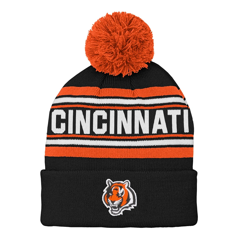 Bonnet en tricot à revers jacquard noir des Bengals de Cincinnati pour enfants d'âge préscolaire avec pompon