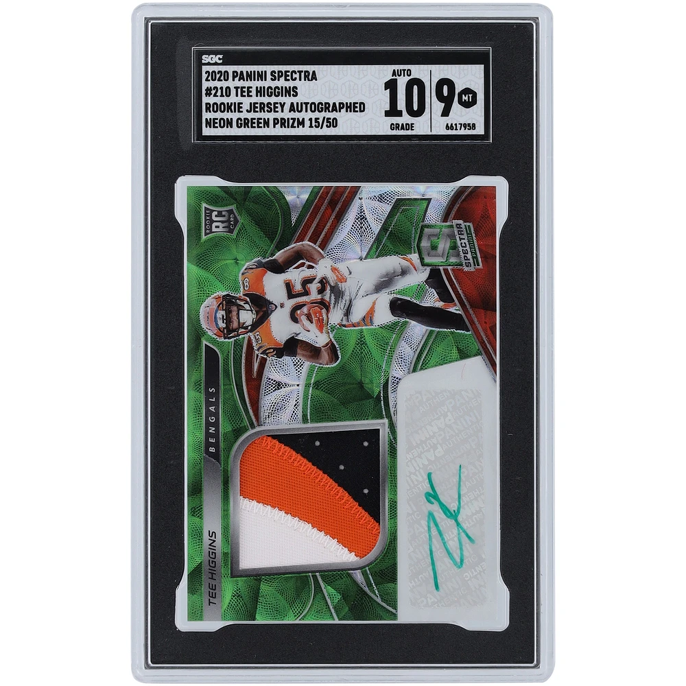 Tee Higgins Cincinnati Bengals Maillot autographié Panini Spectra Neon Green Prizm 2020 Tri-Color Relic #210 #15/50 SGC Carte recrue authentifiée 9/10
