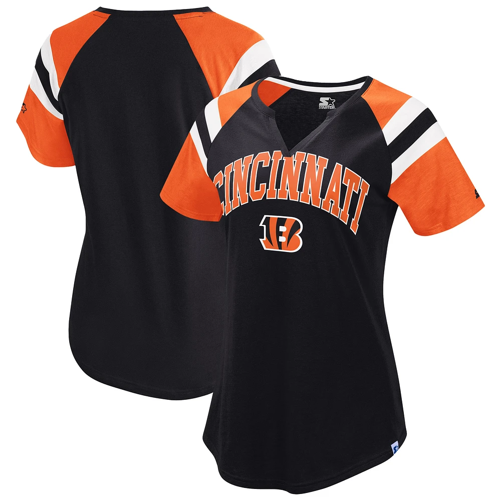 T-shirt raglan noir à col en V pour femme des Bengals de Cincinnati