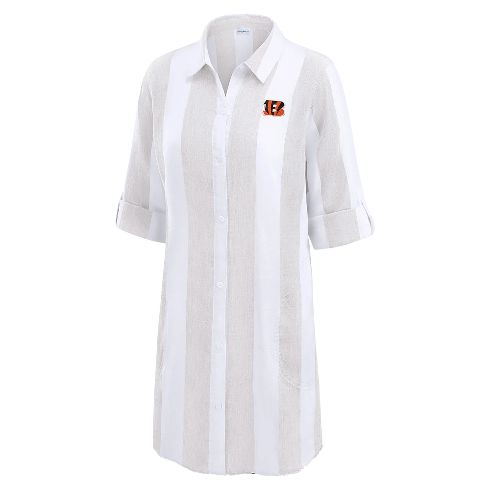 Women's Tommy Bahama  Khaki/White Cincinnati Bengals Rugby Beach Stripe Button-Up Tunic