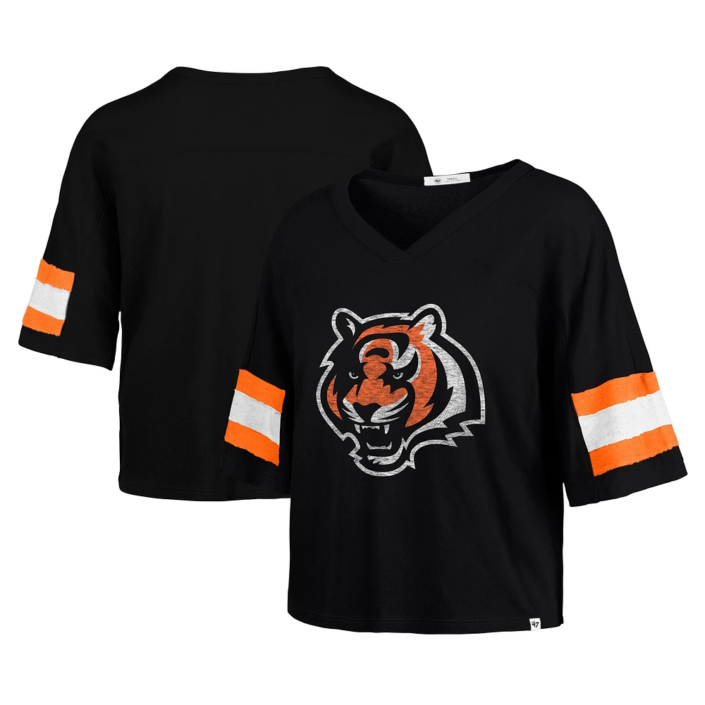 Women's '47 Black Cincinnati Bengals  Double Header Scout Cropped V-Neck T-Shirt