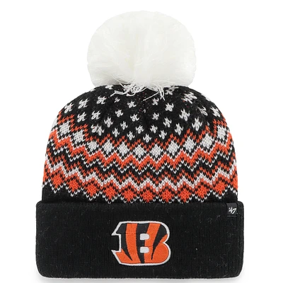 Bonnet tricoté à revers Elsa avec pompon pour femme, modèle 47, noir, des Bengals de Cincinnati