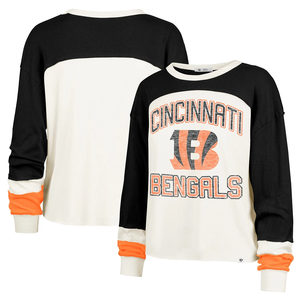 Women's '47 Cream Cincinnati Bengals Double Header Curve Raglan Long Sleeve Crop Top