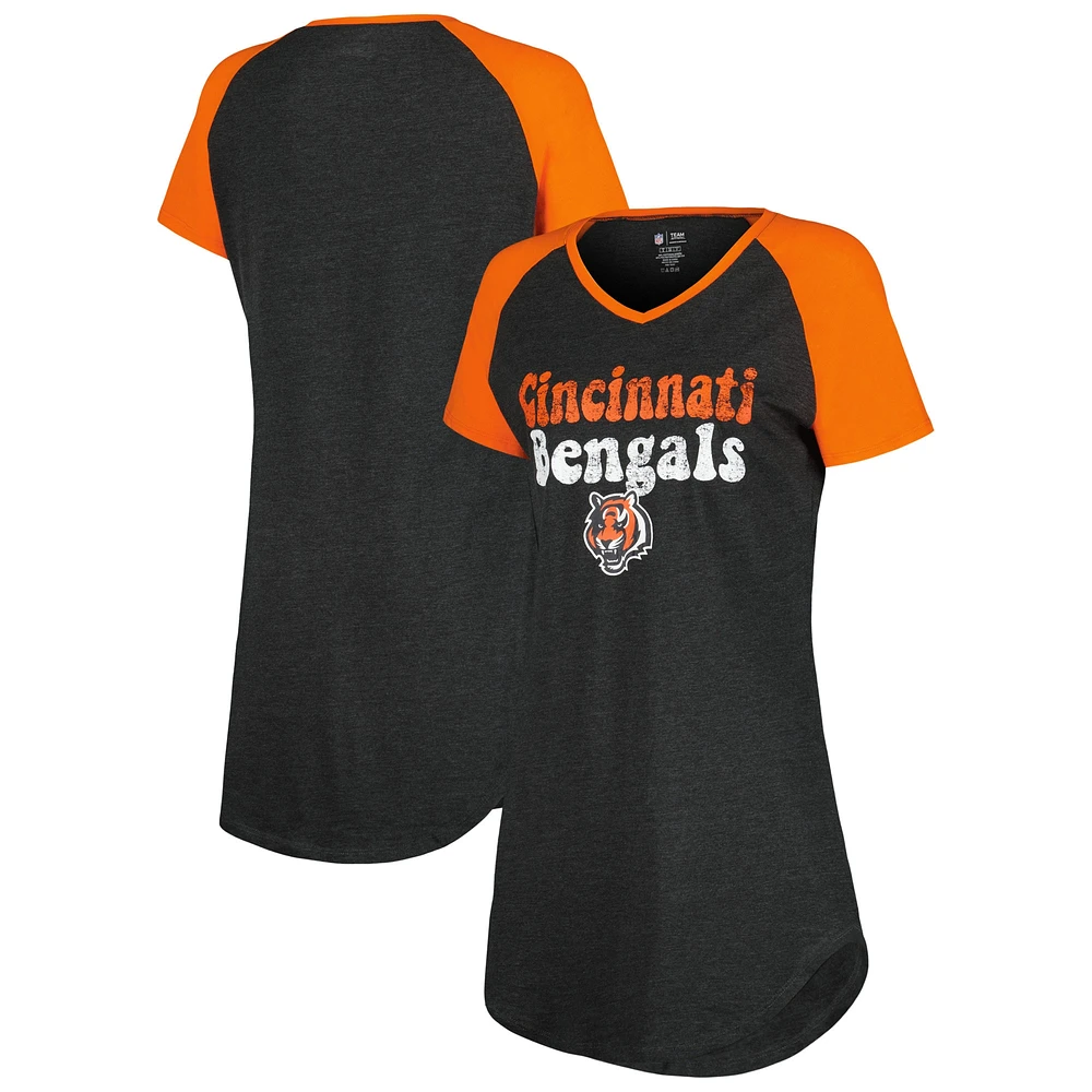 Chemise de nuit Concepts Sport noir/orange Cincinnati Bengals raglan à col en V pour femmes