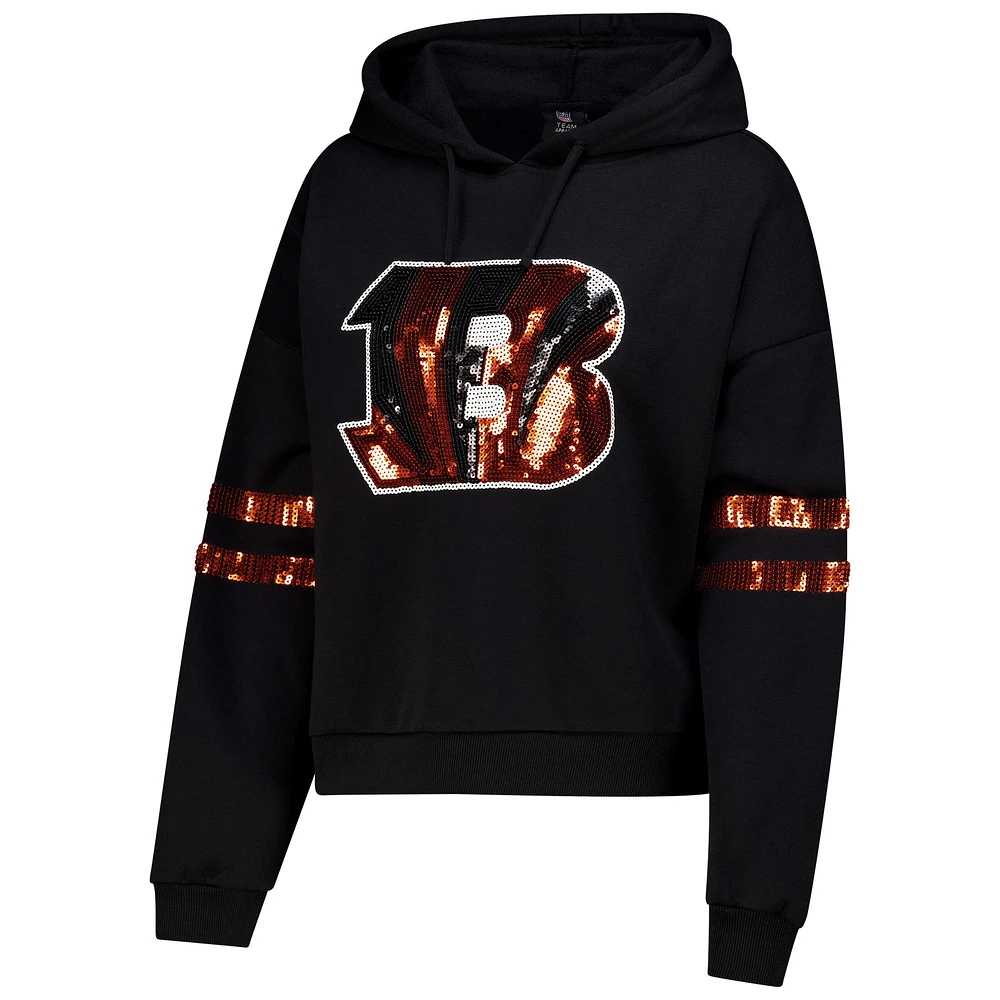 Women's Cuce Black Cincinnati Bengals Cropped Sequins Pullover Hoodie