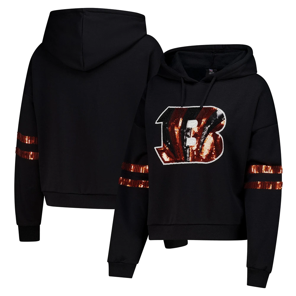 Women's Cuce Black Cincinnati Bengals Cropped Sequins Pullover Hoodie