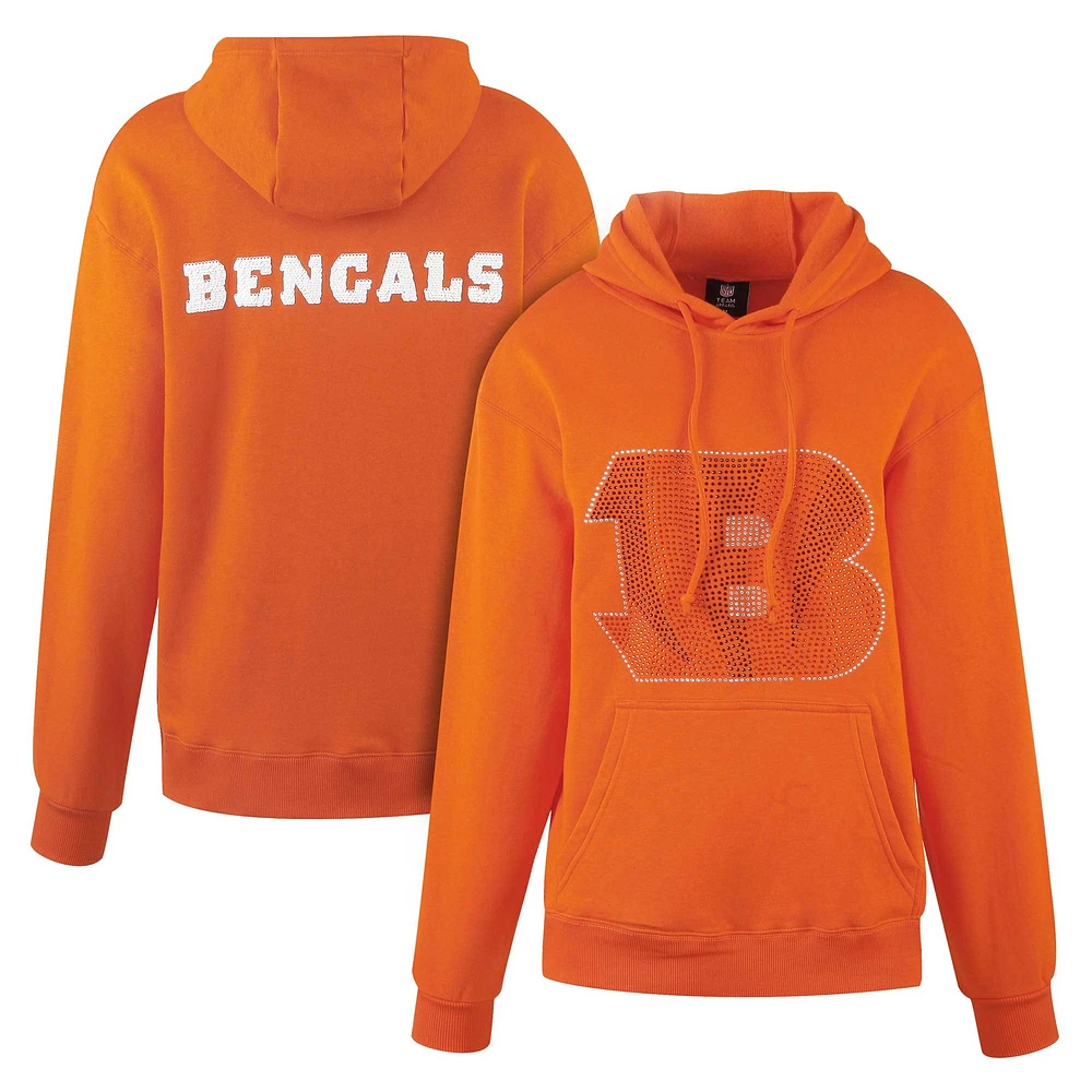 Women's Cuce Orange Cincinnati Bengals Rhinestone Logo Wordmark Pullover Hoodie