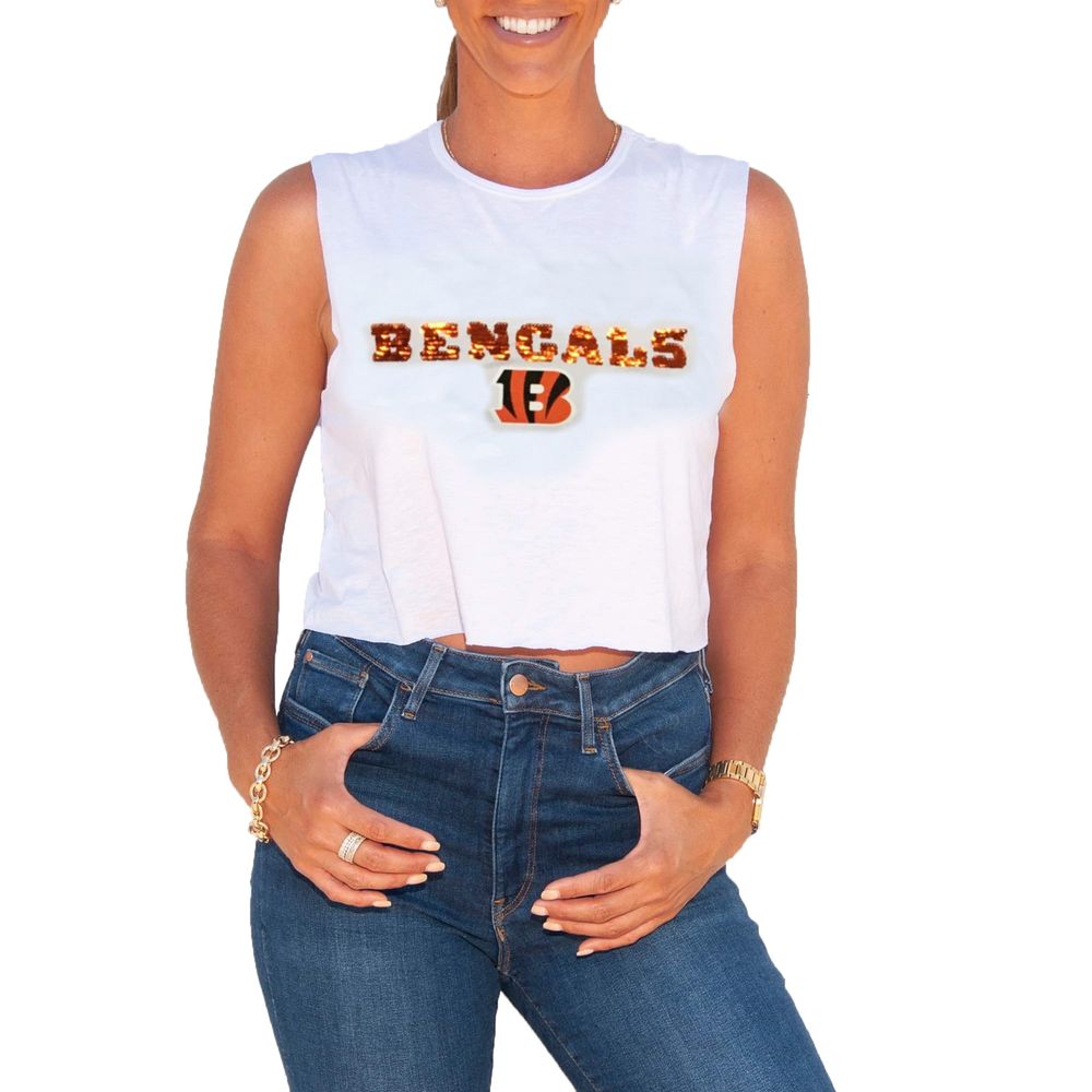 Cuce Women's Cuce White Cincinnati Bengals Sequin Cropped Tank Top