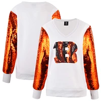 Sweat-shirt à col en V et manches sequins Cuce White Cincinnati Bengals pour femme