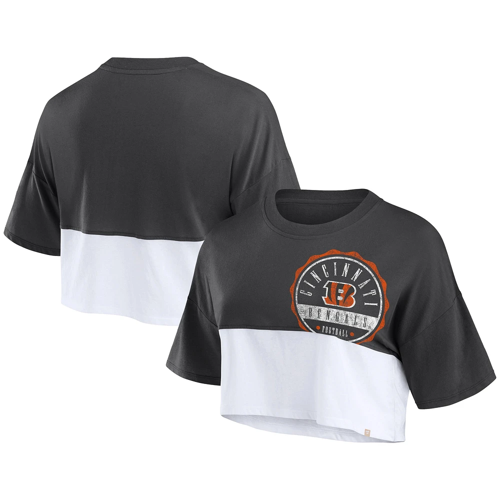 Women's Fanatics Black/White Cincinnati Bengals Boxy Color Split Cropped T-Shirt