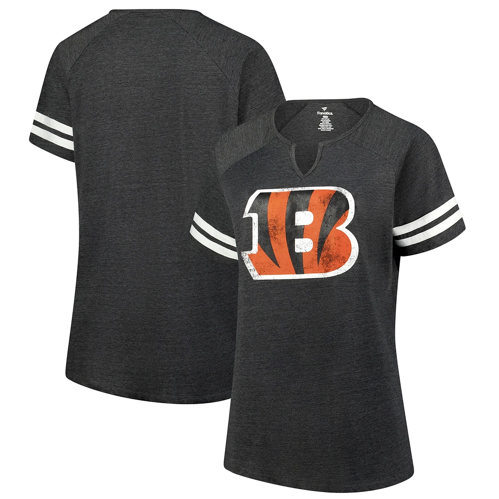 Women's Fanatics Charcoal Cincinnati Bengals Plus Logo Striped Raglan Notch Neck T-Shirt