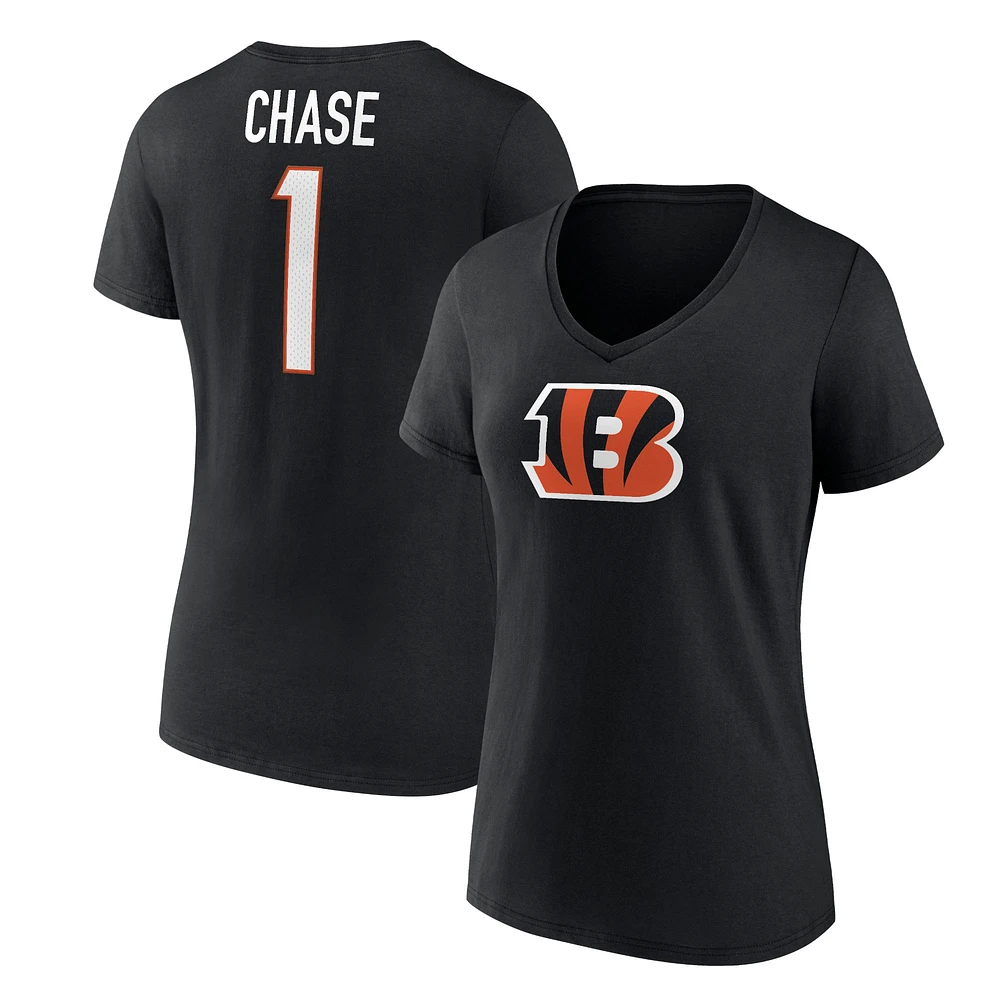 T-shirt noir à col en V avec nom et numéro d'icône de joueur des Bengals Cincinnati Fanatics Ja'Marr Chase pour femmes