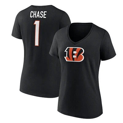 T-shirt noir à col en V avec nom et numéro d'icône de joueur des Bengals Cincinnati Fanatics Ja'Marr Chase pour femmes