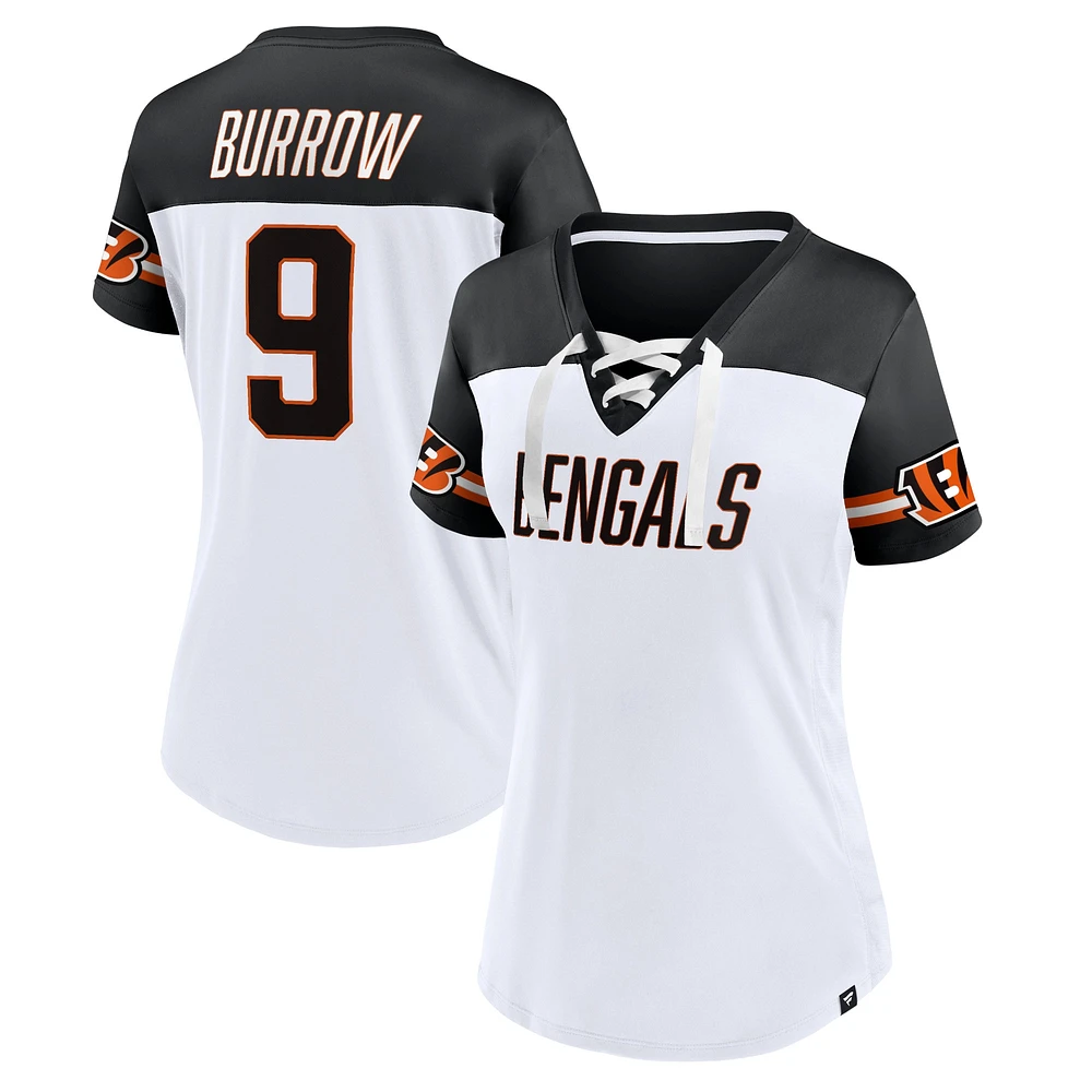 Fanatics Joe Burrow pour femmes, blanc, Cincinnati Bengals, Athena, nom et numéro, haut à col en V