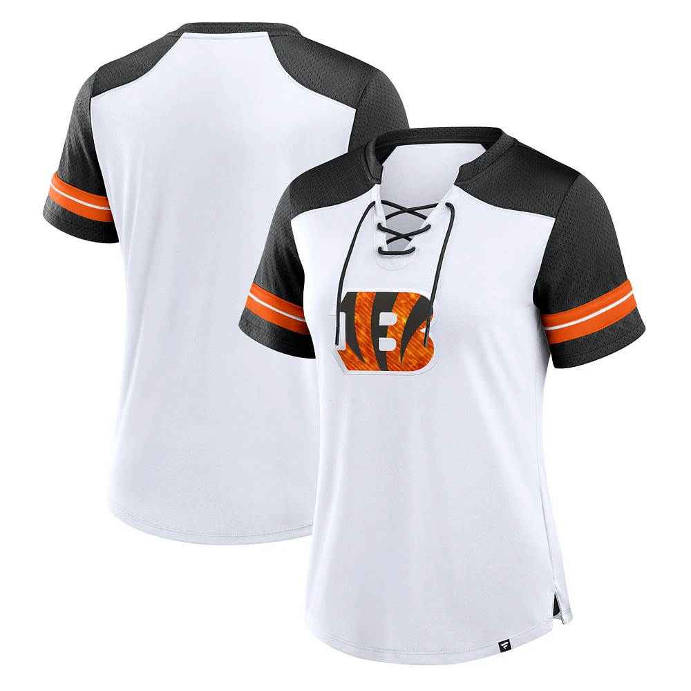 Women's Fanatics White/Black Cincinnati Bengals Foiled Primary Lace-Up T-Shirt