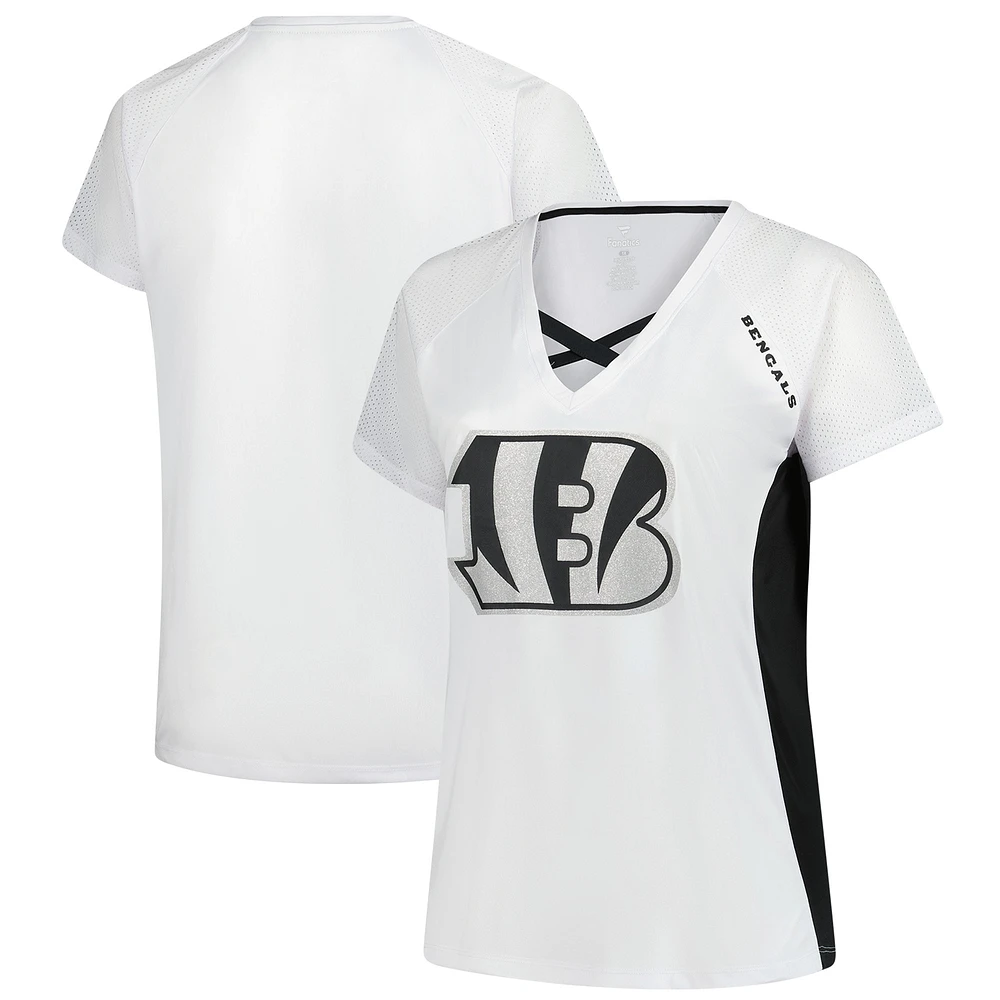 Women's Fanatics  White Cincinnati Bengals Plus Glitter Lace-Up V- Neck T-Shirt