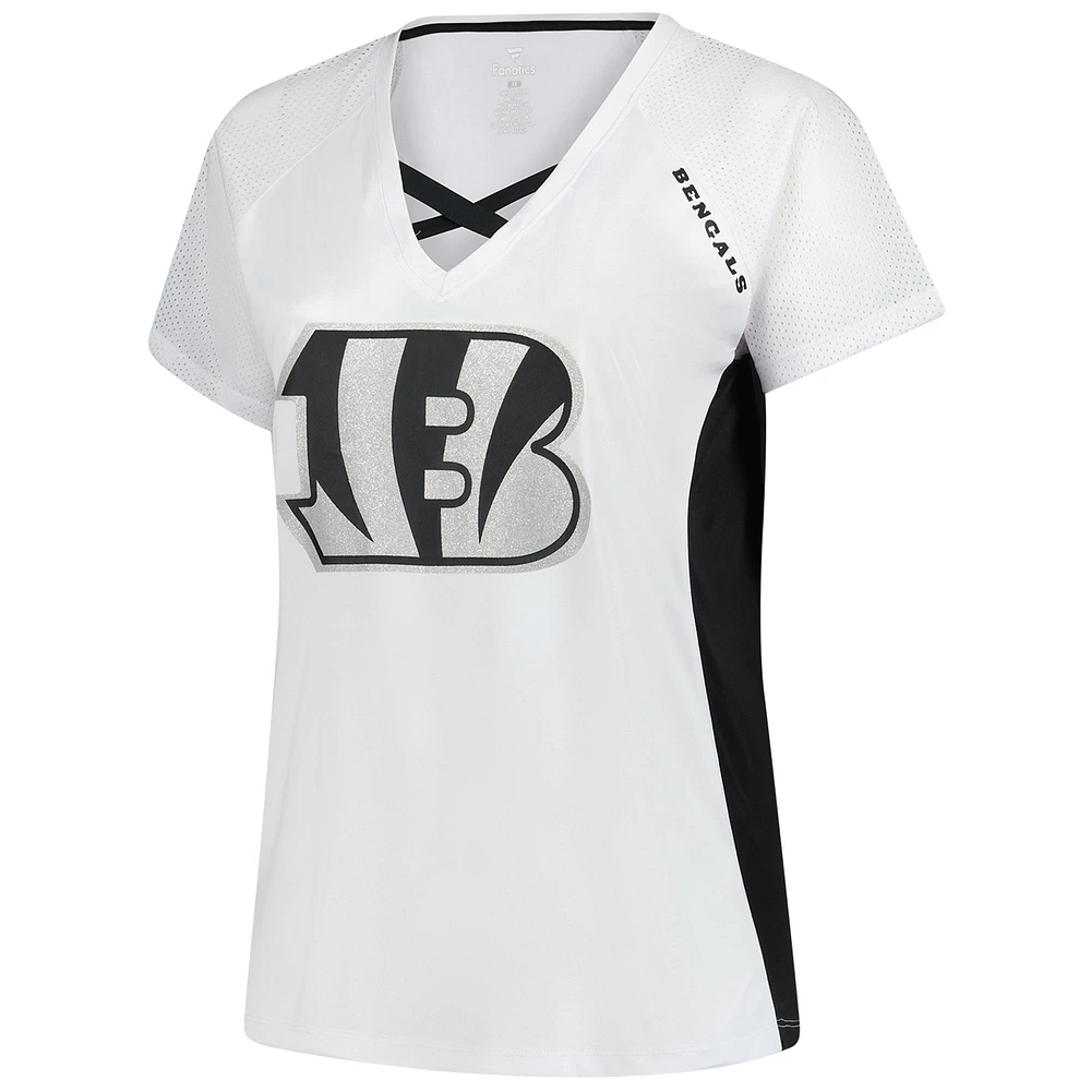Women's Fanatics  White Cincinnati Bengals Plus Glitter Lace-Up V- Neck T-Shirt